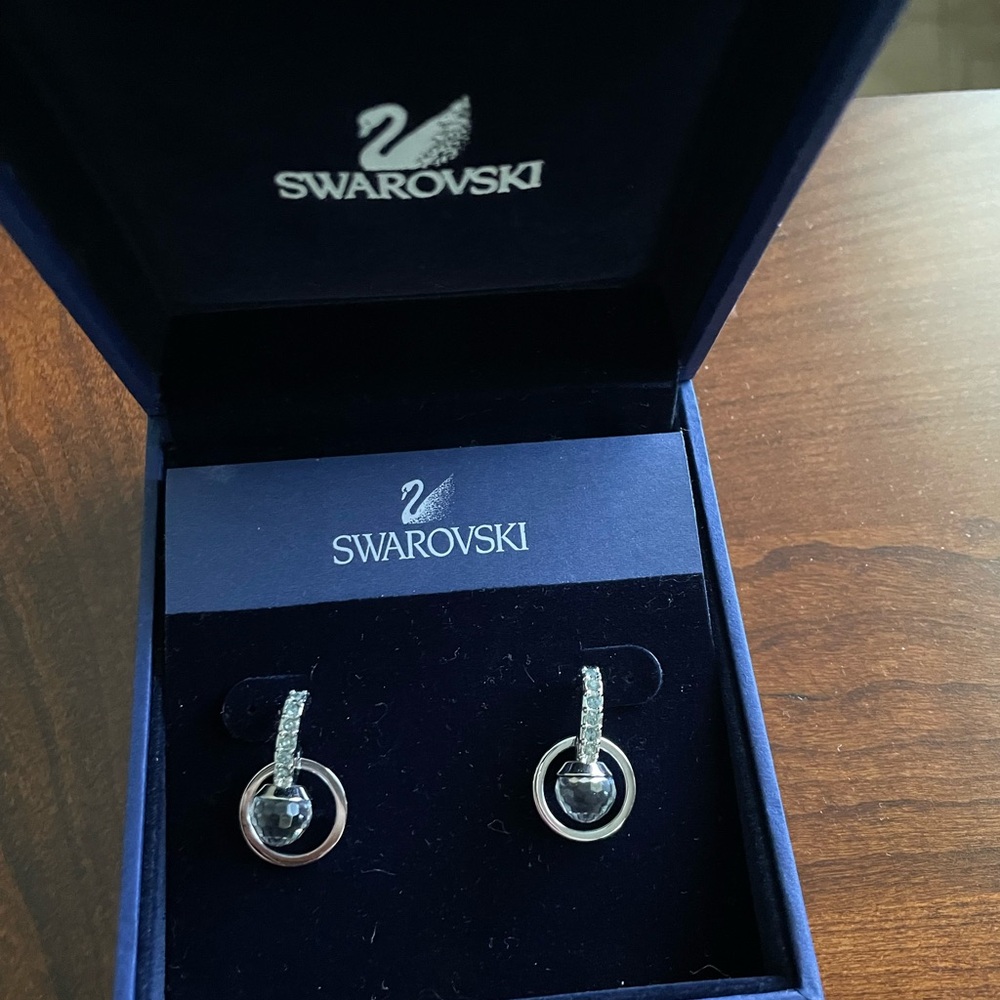 Swarovski Clear and Light Green Crystal Silver Tone Earrings New in Box